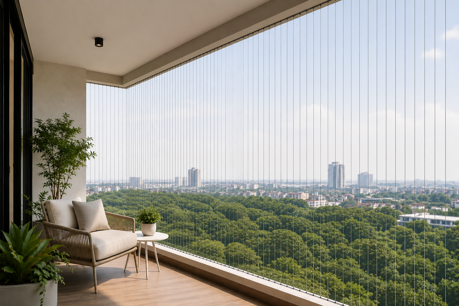 Modern apartment balcony fitted with Hadvitha invisible safety grills
